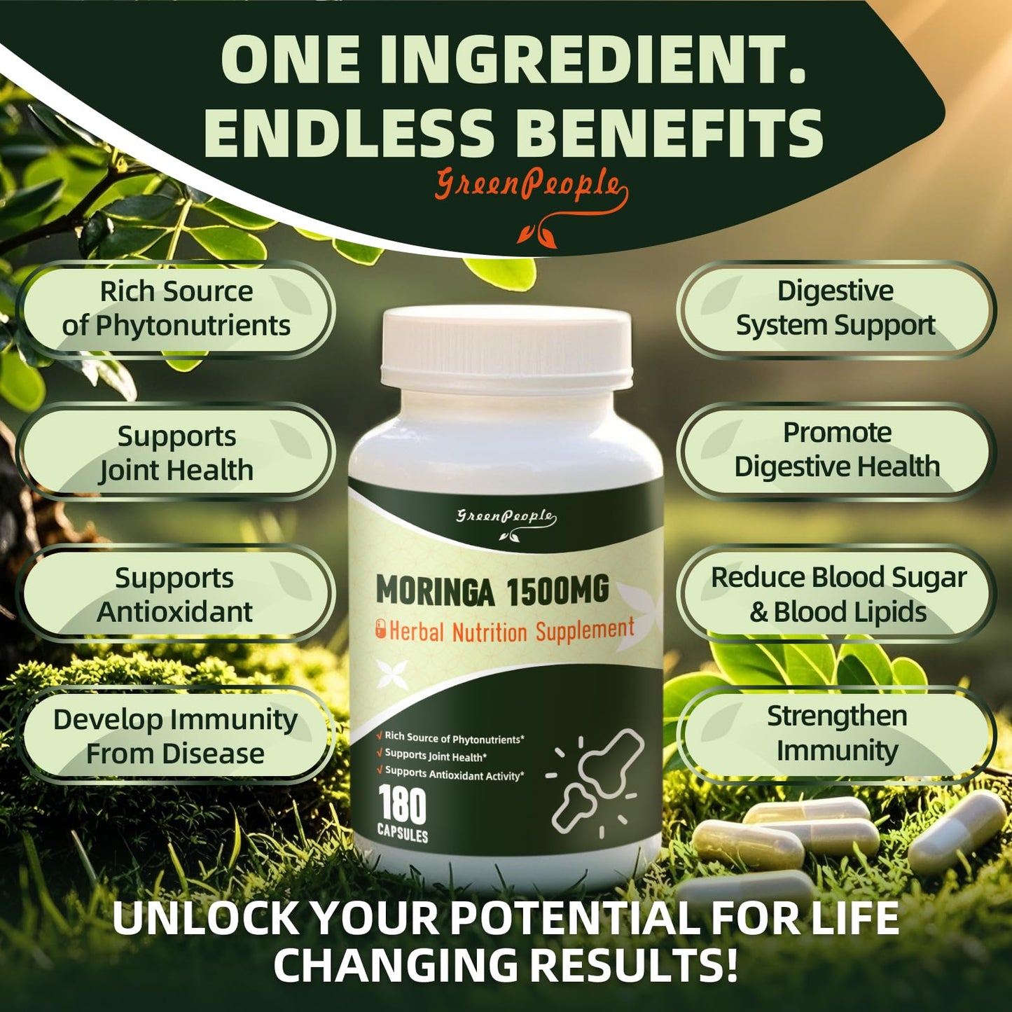 GREENPEOPLE Whole-Leaf Moringa Capsules 1500mg - High Potency 10:1 Moringa Oleifera Leaf Extract - Natural Green Superfood for Energy & Immune Support - Maple Wellness Supplements
