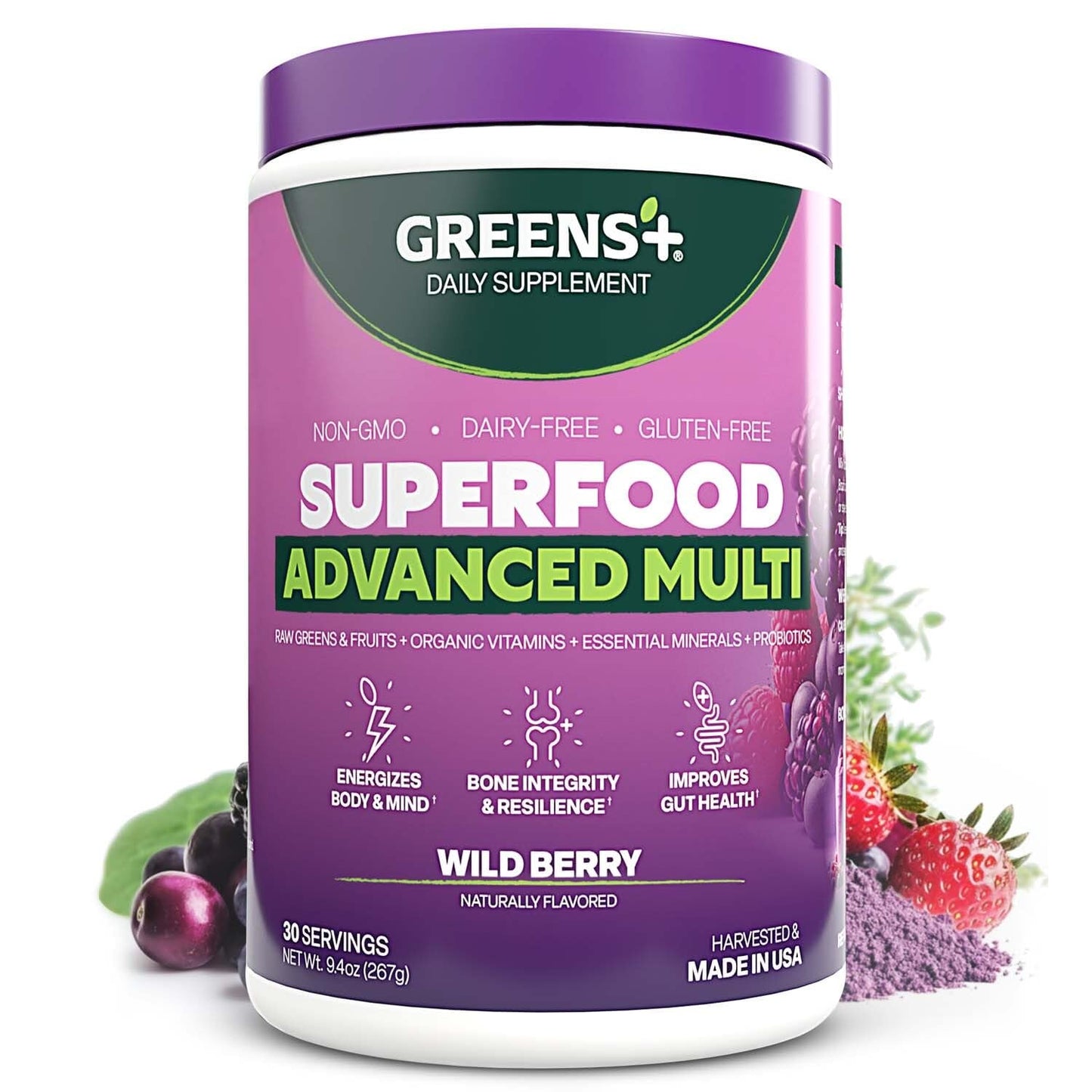 Greens+ Advanced Multi Wild Berry Superfood Powder, Organic Blend, Vegan, Non-GMO, Soy-Free, Dairy-Free, Gluten-Free, Dietary Supplement with Vitamins & Minerals, 9.4 oz - Maple Wellness Supplements