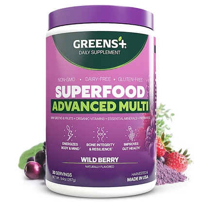 Greens+ Advanced Multi Wild Berry Superfood Powder, Organic Blend, Vegan, Non-GMO, Soy-Free, Dairy-Free, Gluten-Free, Dietary Supplement with Vitamins & Minerals, 9.4 oz - Maple Wellness Supplements