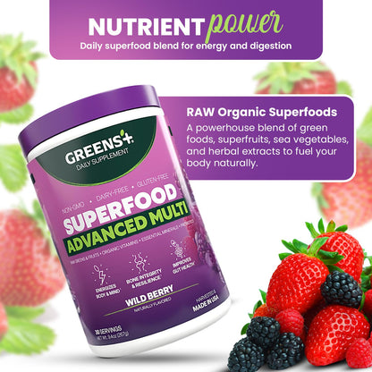 Greens+ Advanced Multi Wild Berry Superfood Powder, Organic Blend, Vegan, Non-GMO, Soy-Free, Dairy-Free, Gluten-Free, Dietary Supplement with Vitamins & Minerals, 9.4 oz - Maple Wellness Supplements