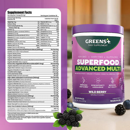 Greens+ Advanced Multi Wild Berry Superfood Powder, Organic Blend, Vegan, Non-GMO, Soy-Free, Dairy-Free, Gluten-Free, Dietary Supplement with Vitamins & Minerals, 9.4 oz - Maple Wellness Supplements