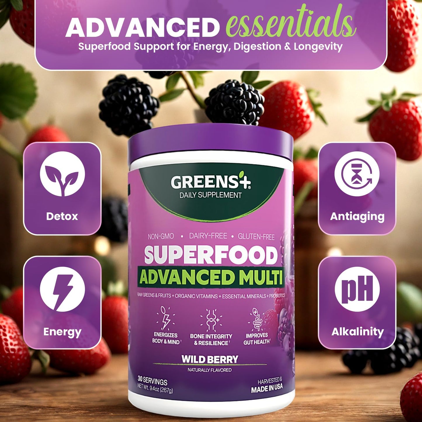 Greens+ Advanced Multi Wild Berry Superfood Powder, Organic Blend, Vegan, Non-GMO, Soy-Free, Dairy-Free, Gluten-Free, Dietary Supplement with Vitamins & Minerals, 9.4 oz - Maple Wellness Supplements