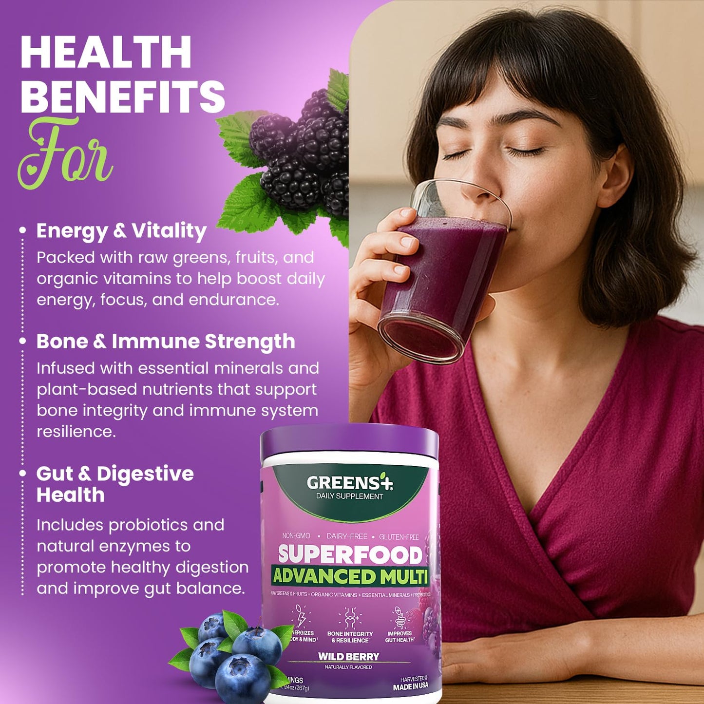 Greens+ Advanced Multi Wild Berry Superfood Powder, Organic Blend, Vegan, Non-GMO, Soy-Free, Dairy-Free, Gluten-Free, Dietary Supplement with Vitamins & Minerals, 9.4 oz - Maple Wellness Supplements