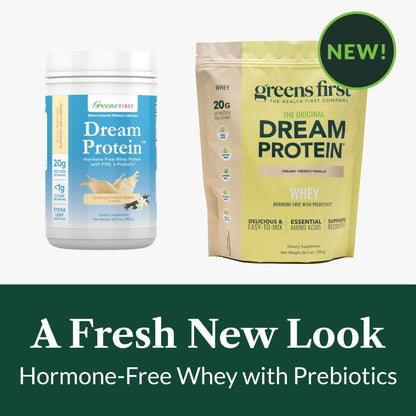 Greens First Dream Protein Powder Whey - 20g Protein Per Serving - Hormone-Free with Prebiotics - Non-GMO - No Artificial Sweeteners/MSG/Aspartame (Creamy French Vanilla, 26.5 oz) - Maple Wellness Supplements