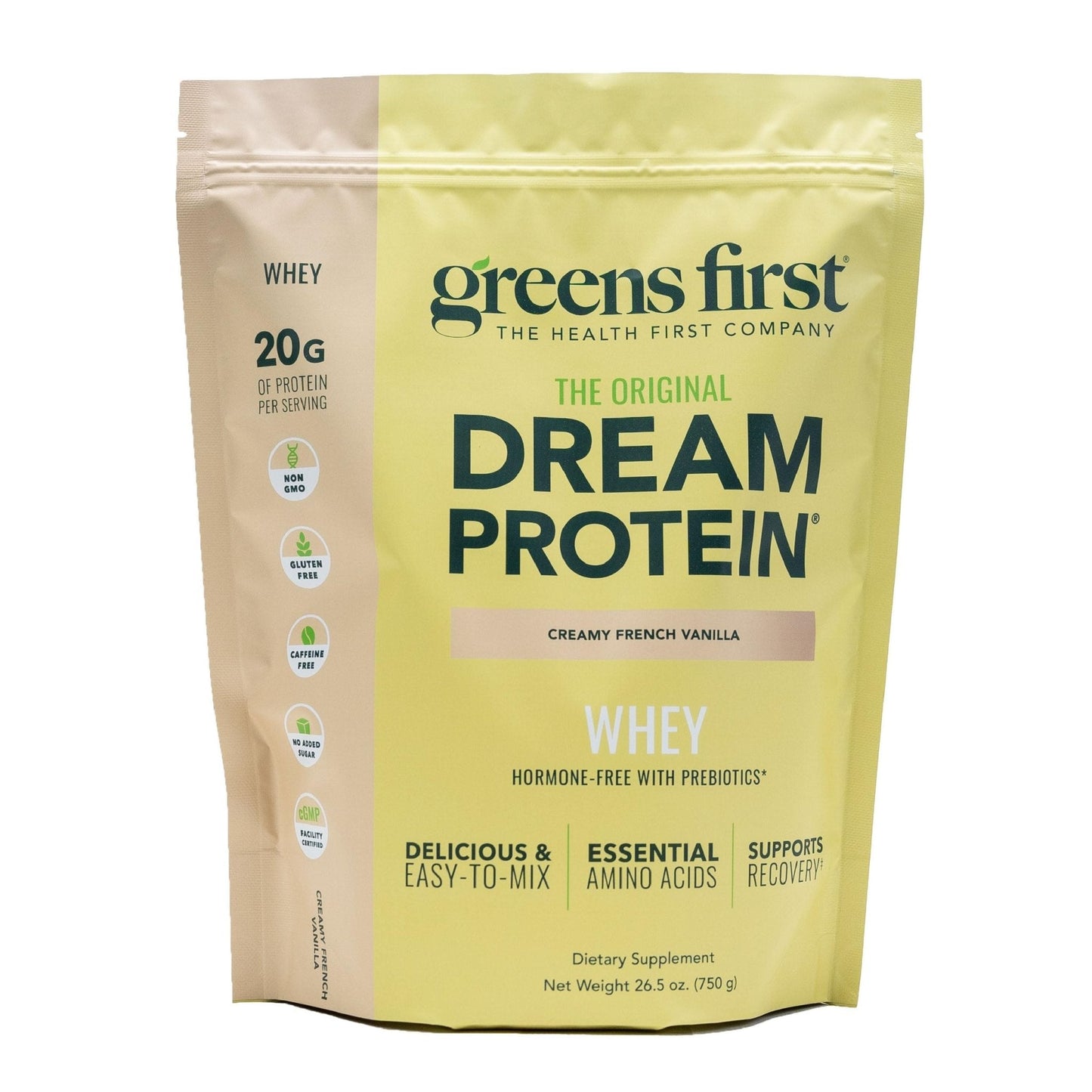 Greens First Dream Protein Powder Whey - 20g Protein Per Serving - Hormone-Free with Prebiotics - Non-GMO - No Artificial Sweeteners/MSG/Aspartame (Creamy French Vanilla, 26.5 oz) - Maple Wellness Supplements