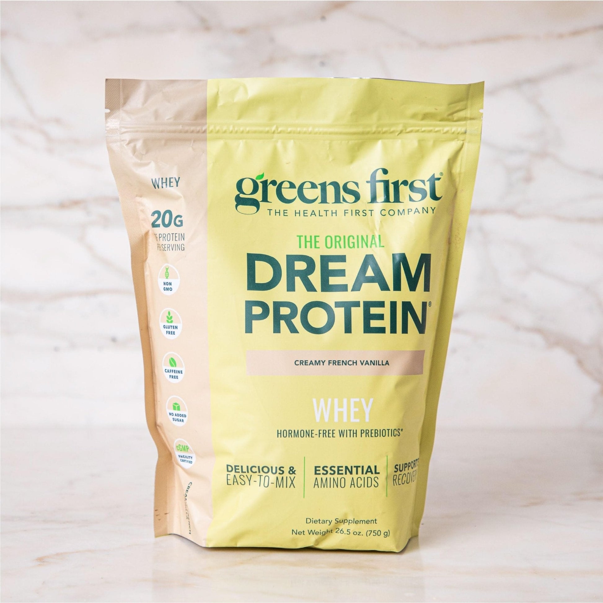 Greens First Dream Protein Powder Whey - 20g Protein Per Serving - Hormone-Free with Prebiotics - Non-GMO - No Artificial Sweeteners/MSG/Aspartame (Creamy French Vanilla, 26.5 oz) - Maple Wellness Supplements
