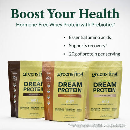 Greens First Dream Protein Powder Whey - 20g Protein Per Serving - Hormone-Free with Prebiotics - Non-GMO - No Artificial Sweeteners/MSG/Aspartame (Creamy French Vanilla, 26.5 oz) - Maple Wellness Supplements