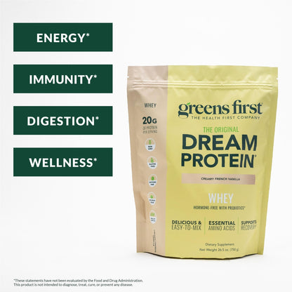 Greens First Dream Protein Powder Whey - 20g Protein Per Serving - Hormone-Free with Prebiotics - Non-GMO - No Artificial Sweeteners/MSG/Aspartame (Creamy French Vanilla, 26.5 oz) - Maple Wellness Supplements