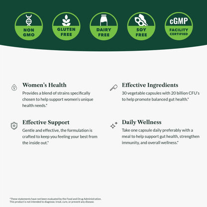 Greens First Women’s Health Probiotics - Probiotic for pH Balance - 20 Billion CFU - Support for Digestive, Immune & Vaginal Health Non-GMO/Gluten-Free/Dairy-Free/Soy-Free (30 Vegetable Capsules) - Maple Wellness Supplements