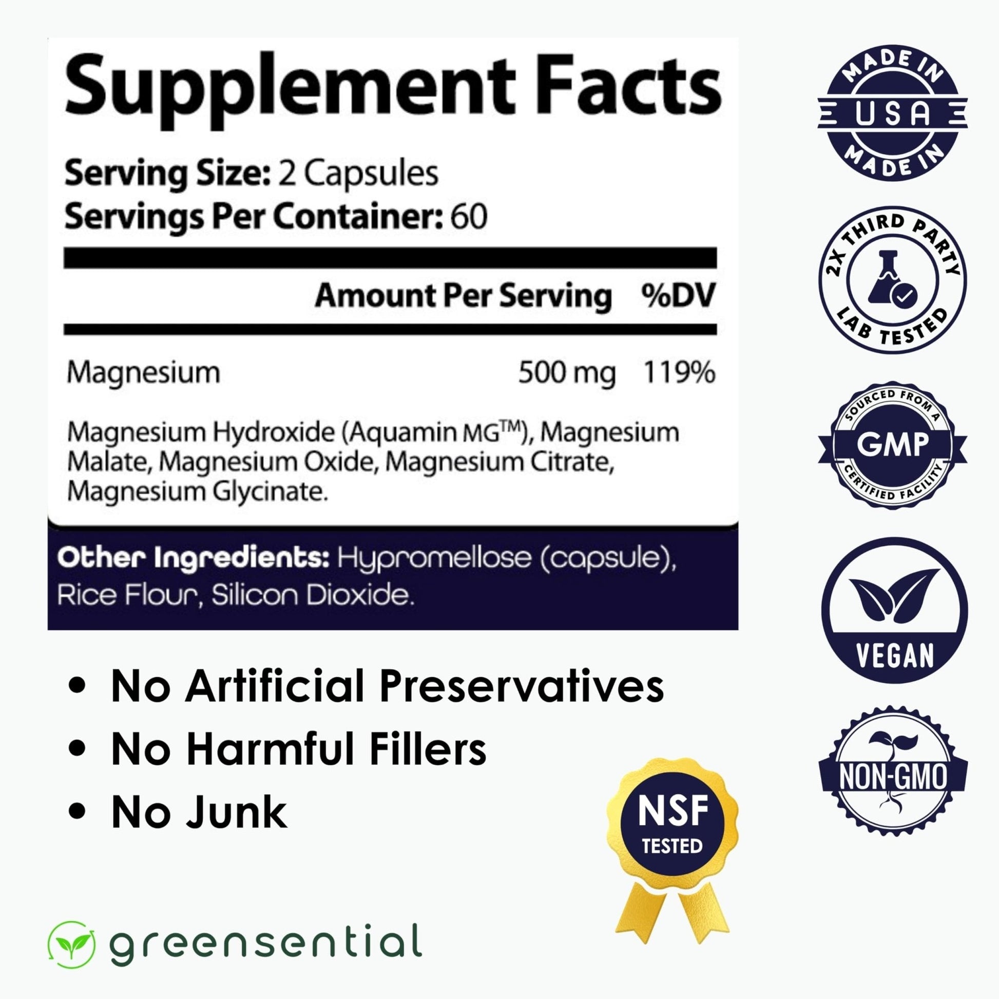 Greensential 5-in-1 Magnesium Complex 500mg | Glycinate, Malate, Citrate, Oxide & Aquamin® | for Sleep, Muscle & Heart Support | High Absorption, Vegan, 120 Capsules - Maple Wellness Supplements