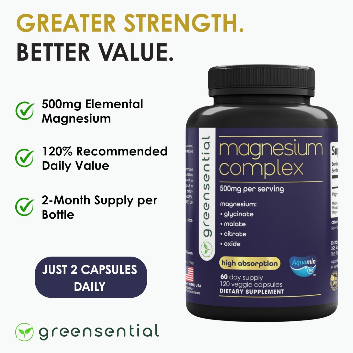 Greensential 5-in-1 Magnesium Complex 500mg | Glycinate, Malate, Citrate, Oxide & Aquamin® | for Sleep, Muscle & Heart Support | High Absorption, Vegan, 120 Capsules - Maple Wellness Supplements