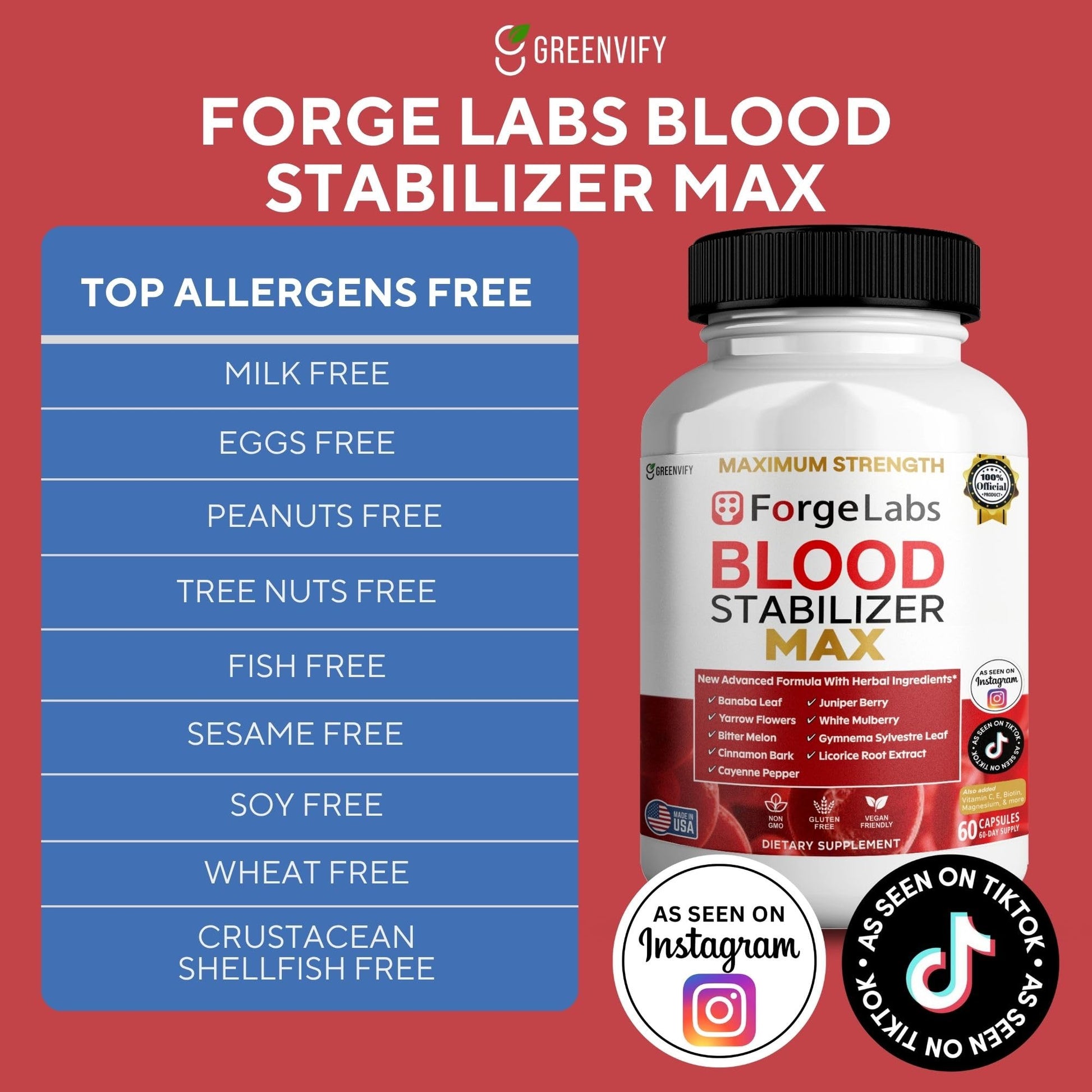 GREENVIFY ForgeLabs Blood Stabilizer Max, Maximum Strength Dietary Supplement, 60 Veggie Capsules, with Banaba Leaf, Juniper Berry, White Mulberry. (1) - Maple Wellness Supplements