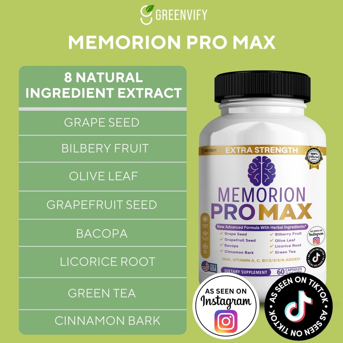 GREENVIFY Memorion Pro Max Extra Strength Brain Support Supplement, 60 Capsules, with DHA, Vitamins, Herbal Blend, 30-Day Supply (1) - Maple Wellness Supplements