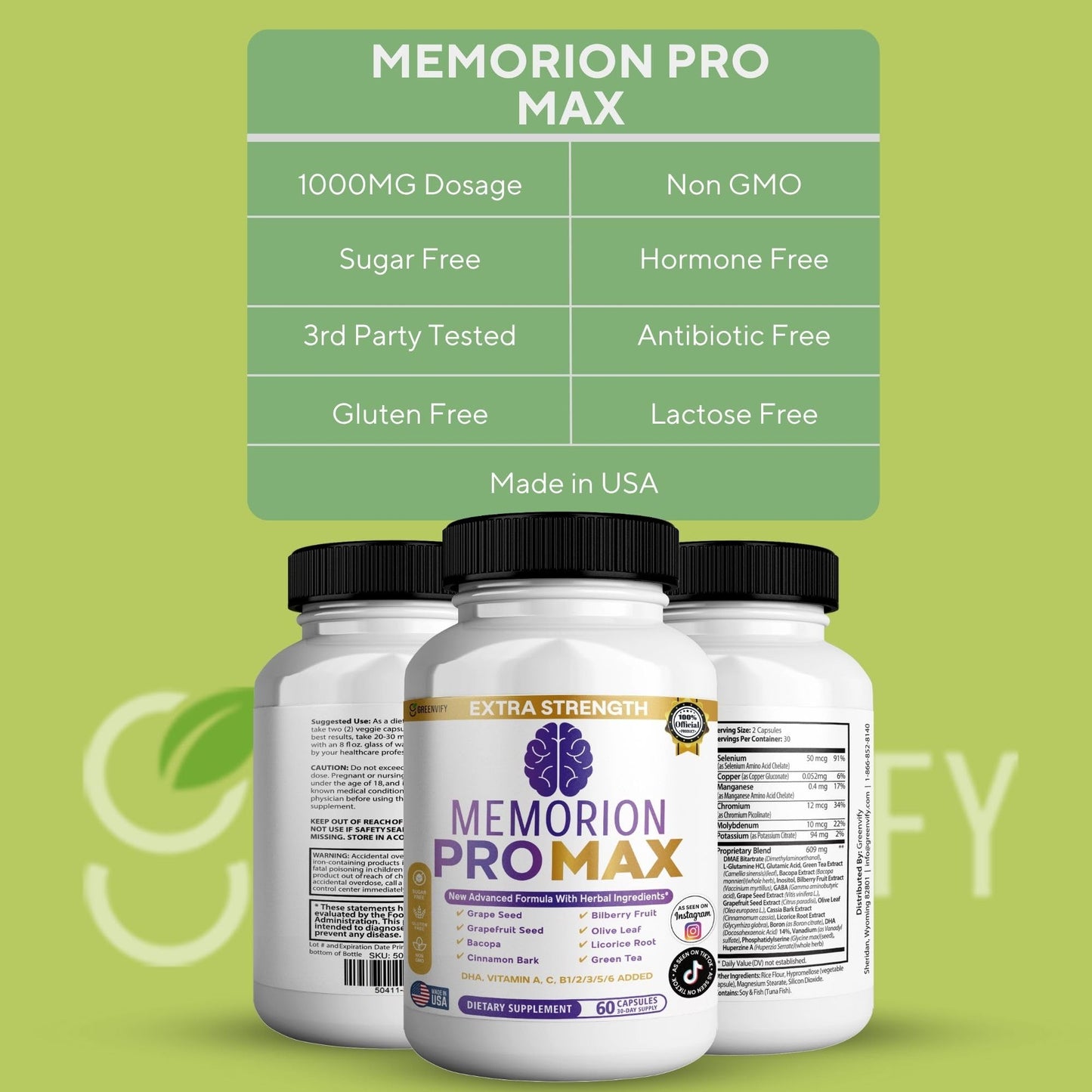 GREENVIFY Memorion Pro Max Extra Strength Brain Support Supplement, 60 Capsules, with DHA, Vitamins, Herbal Blend, 30-Day Supply (1) - Maple Wellness Supplements