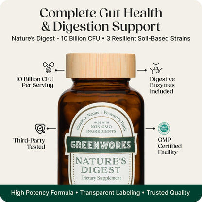 Greenworks Nature's Digest 10 Billion CFU Probiotic for Adults | Daily Gut Health Supplement with Saccharomyces Boulardii, Psyllium Husk, Bromelain, - Maple Wellness Supplements