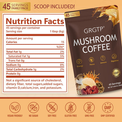 GRGTP Mushroom Coffee - Superfood Blend with 6 Adaptogens (Cordyceps, Lion's Mane, Reishi Other) | Jitter-Free Energy, Enhanced Focus, Digestion & Immunity Support | - Maple Wellness Supplements