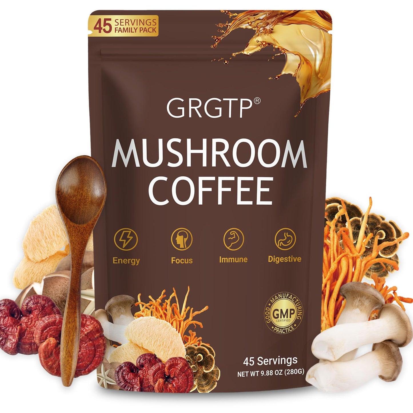 GRGTP Mushroom Coffee - Superfood Blend with 6 Adaptogens (Cordyceps, Lion's Mane, Reishi Other) | Jitter-Free Energy, Enhanced Focus, Digestion & Immunity Support | - Maple Wellness Supplements