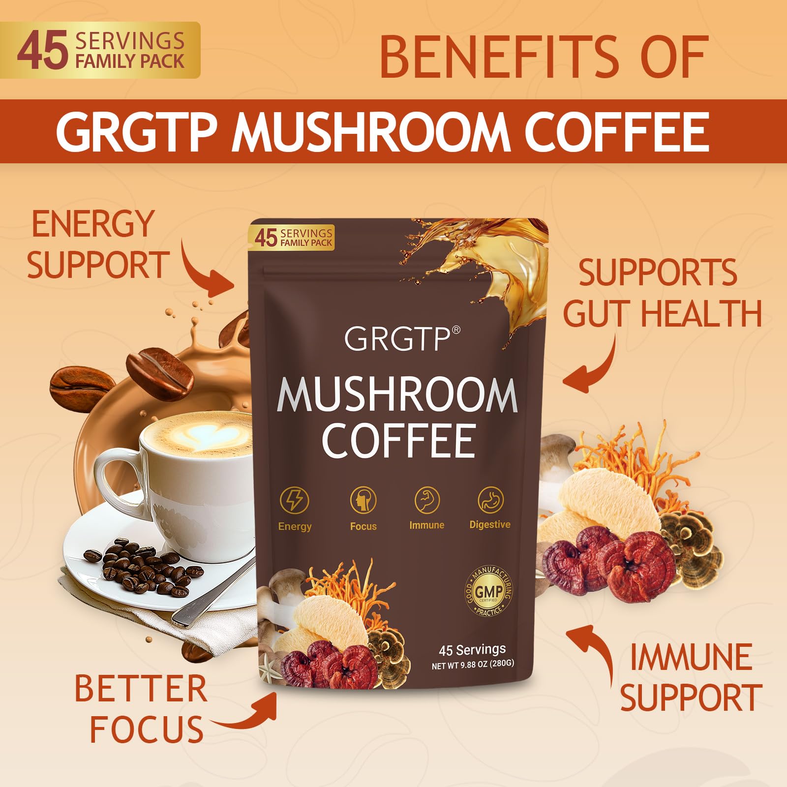 GRGTP Mushroom Coffee - Superfood Blend with 6 Adaptogens (Cordyceps, Lion's Mane, Reishi Other) | Jitter-Free Energy, Enhanced Focus, Digestion & Immunity Support | - Maple Wellness Supplements