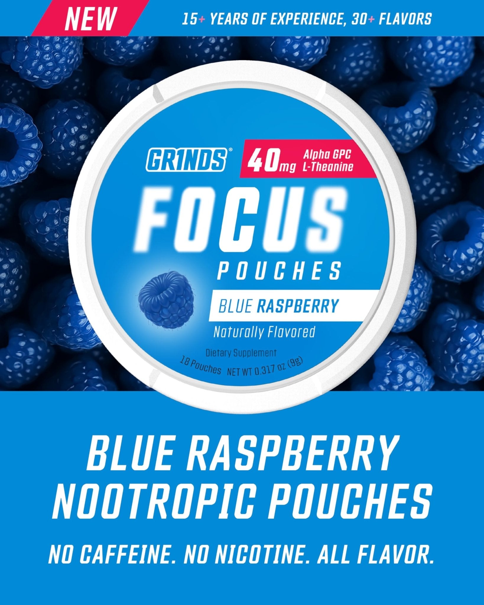 GRINDS Focus Pouches - Naturally Flavored with Nootropic Ingredients - Contains Alpha GPC and L-Theanine - Nicotine-Free, Sugar-Free - 3 Pack, 18 Pouches Per Can - Blue Raspberry - Maple Wellness Supplements