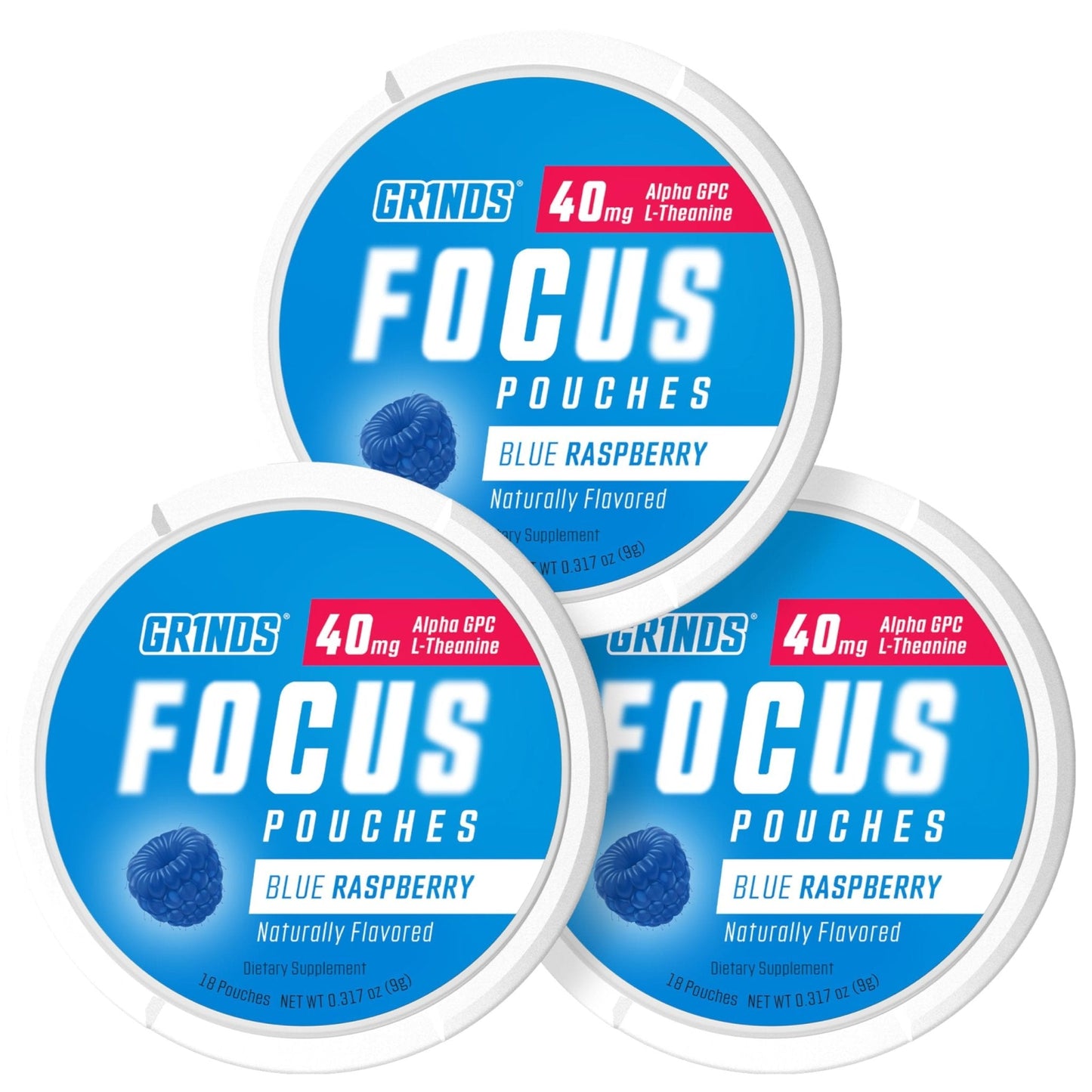 GRINDS Focus Pouches - Naturally Flavored with Nootropic Ingredients - Contains Alpha GPC and L-Theanine - Nicotine-Free, Sugar-Free - 3 Pack, 18 Pouches Per Can - Blue Raspberry - Maple Wellness Supplements