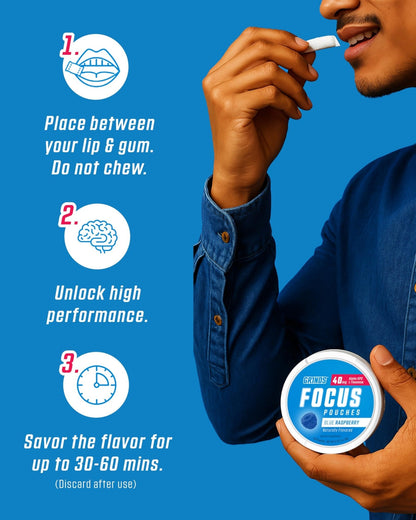 GRINDS Focus Pouches - Naturally Flavored with Nootropic Ingredients - Contains Alpha GPC and L-Theanine - Nicotine-Free, Sugar-Free - 3 Pack, 18 Pouches Per Can - Blue Raspberry - Maple Wellness Supplements