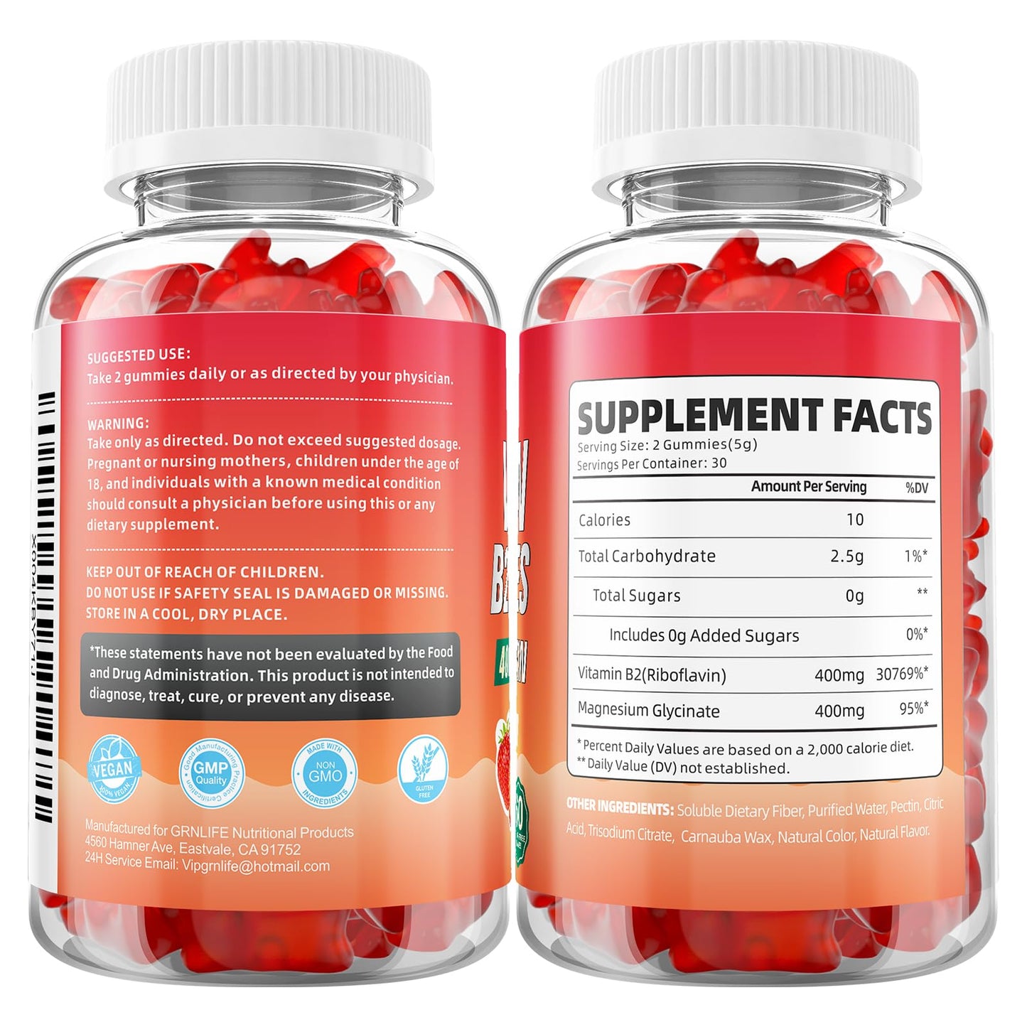 GrnLife 2 Pack Vitamin B2 Gummies, Riboflavin 400mg with Magnesium for Kids & Adults, Migraine Relief & Energy Support - Maple Wellness Supplements