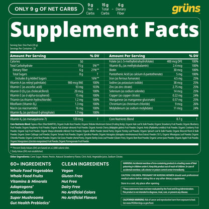 Gruns Adult Super Greens Multivitamin Gummies, Superfood Gummy Vitamins for Women and Men with Spirulina, Chlorella, Adaptogens & Prebiotic Fiber for Digestive Health (28 Count) - Maple Wellness Supplements