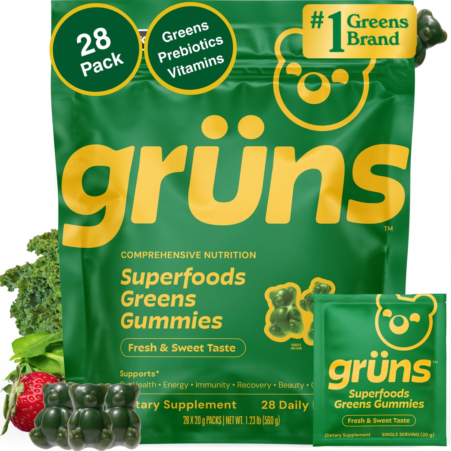 Gruns Adult Super Greens Multivitamin Gummies, Superfood Gummy Vitamins for Women and Men with Spirulina, Chlorella, Adaptogens & Prebiotic Fiber for Digestive Health (28 Count) - Maple Wellness Supplements