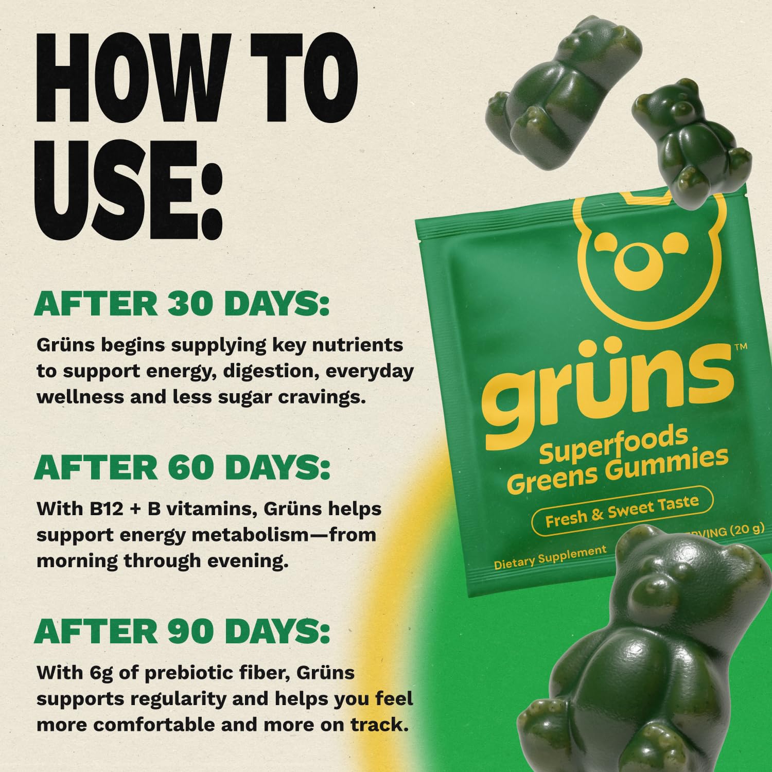 Gruns Adults Super Greens Gummies, Multivitamin Superfood Gummy Bears, Spirulina, Chlorella, Prebiotics & Fiber Gummies for Digestive Health - Maple Wellness Supplements