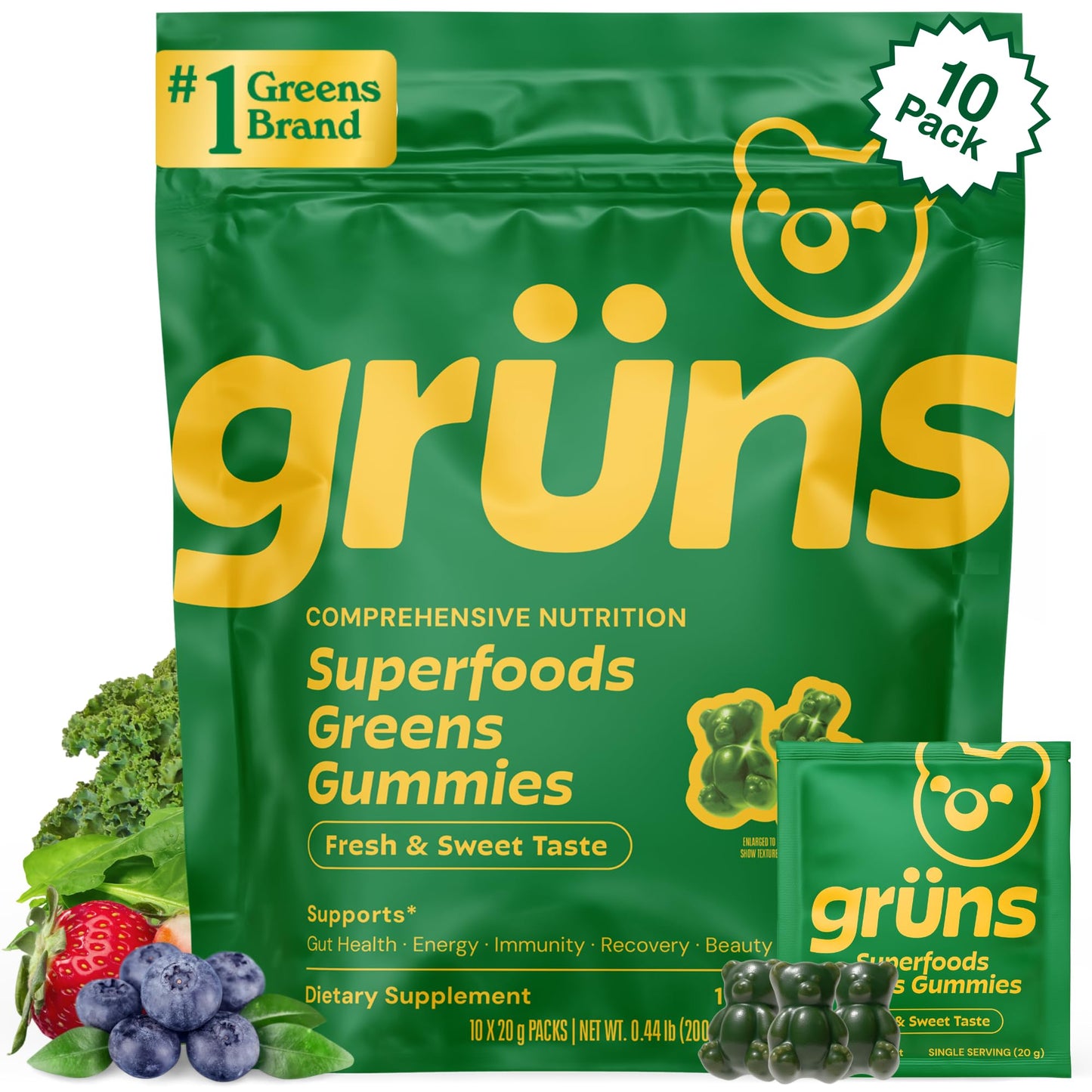 Gruns Adults Super Greens Gummies, Multivitamin Superfood Gummy Bears, Spirulina, Chlorella, Prebiotics & Fiber Gummies for Digestive Health, Adaptogens Supplement, 20 Vitamins & Minerals, 10 Count - Maple Wellness Supplements