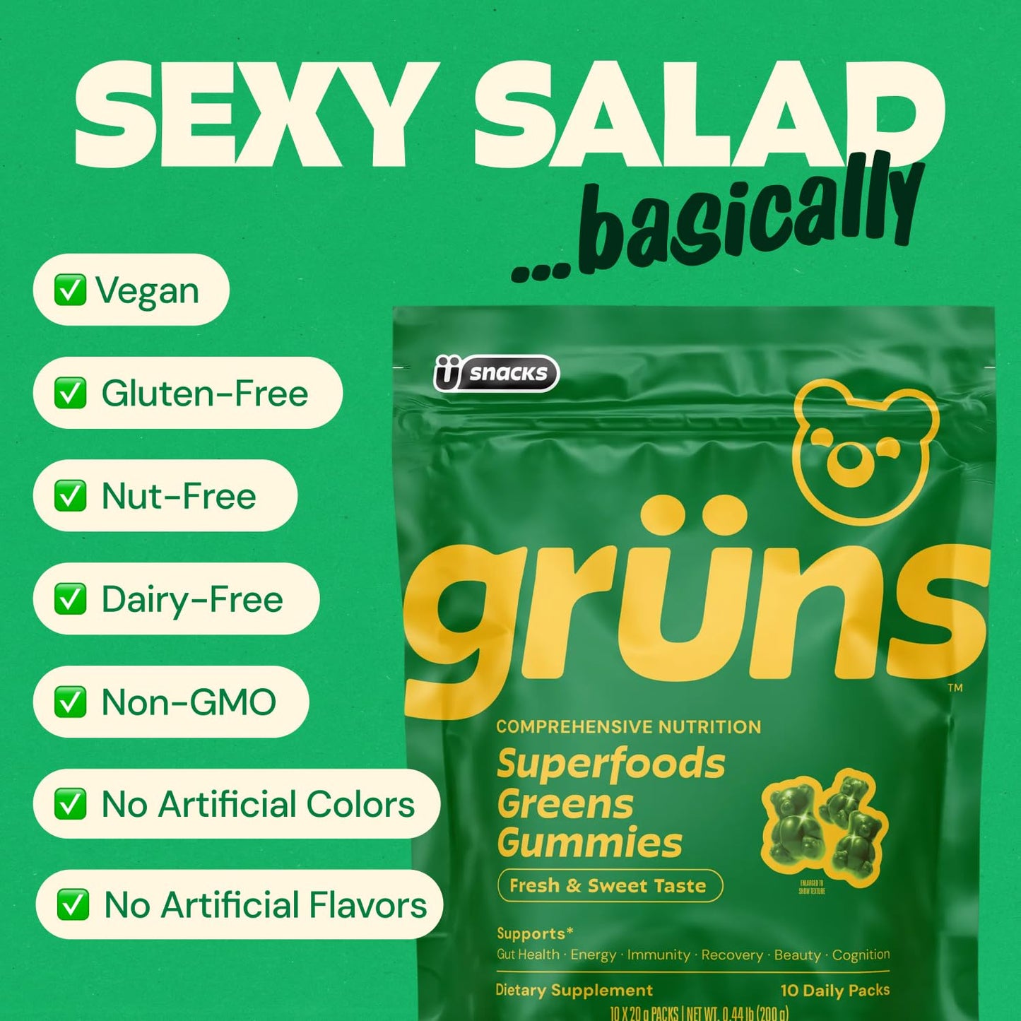 Gruns Adults Super Greens Gummies, Multivitamin Superfood Gummy Bears, Spirulina, Chlorella, Prebiotics & Fiber Gummies for Digestive Health, Adaptogens Supplement, 20 Vitamins & Minerals, 10 Count - Maple Wellness Supplements