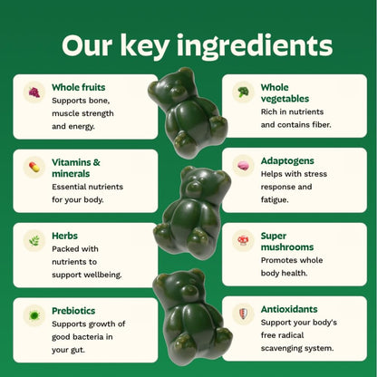 Gruns Adults Super Greens Gummies, Multivitamin Superfood Gummy Bears, Spirulina, Chlorella, Prebiotics & Fiber Gummies for Digestive Health, Adaptogens Supplement, 20 Vitamins & Minerals, 10 Count - Maple Wellness Supplements