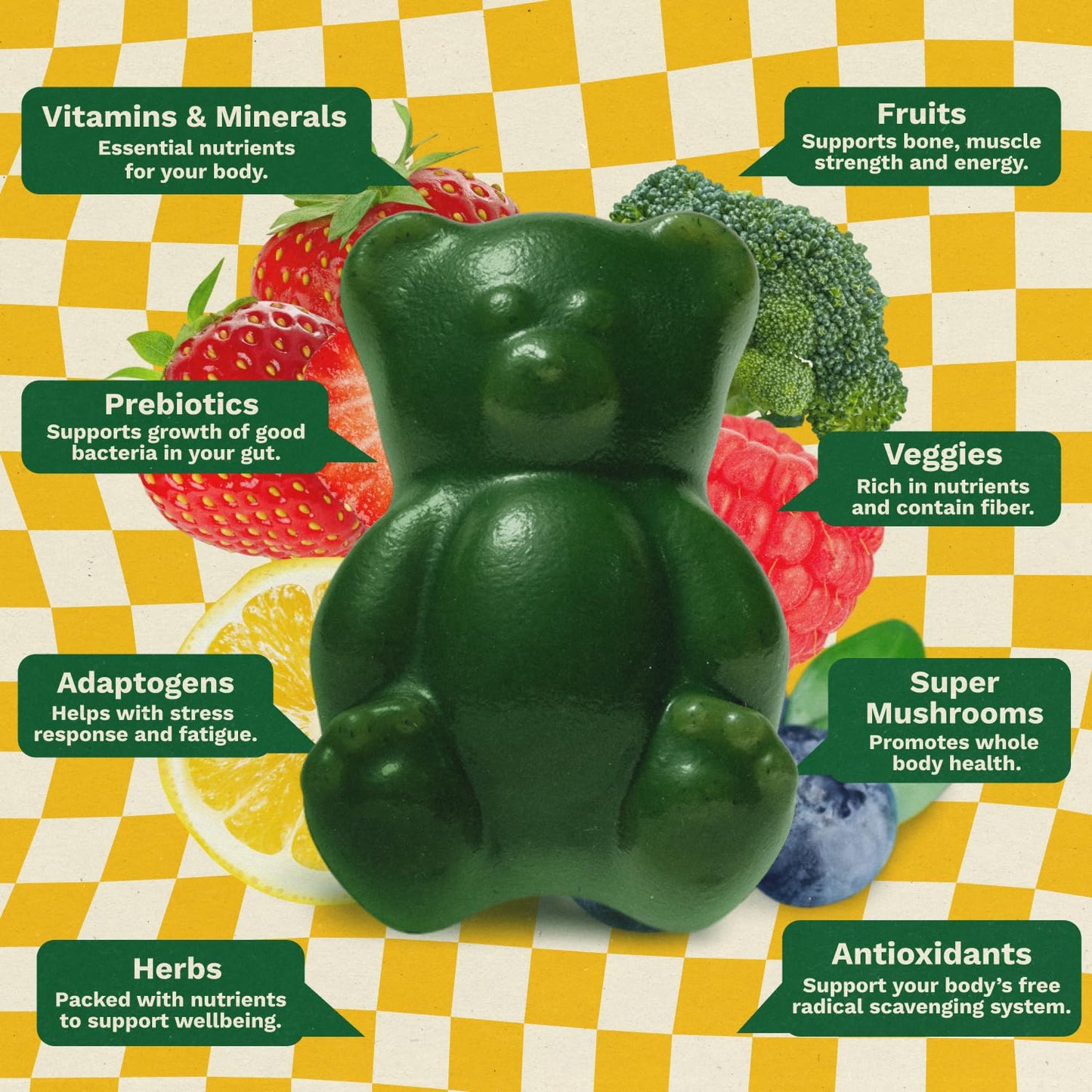 Gruns Multivitamin for Kids, Super Greens Gummies, Superfood Gummy Bears with 20+ Vitamins & Minerals, Spirulina, Chlorella, Alfalfa, Prebiotics Fiber for Digestive Health - Maple Wellness Supplements