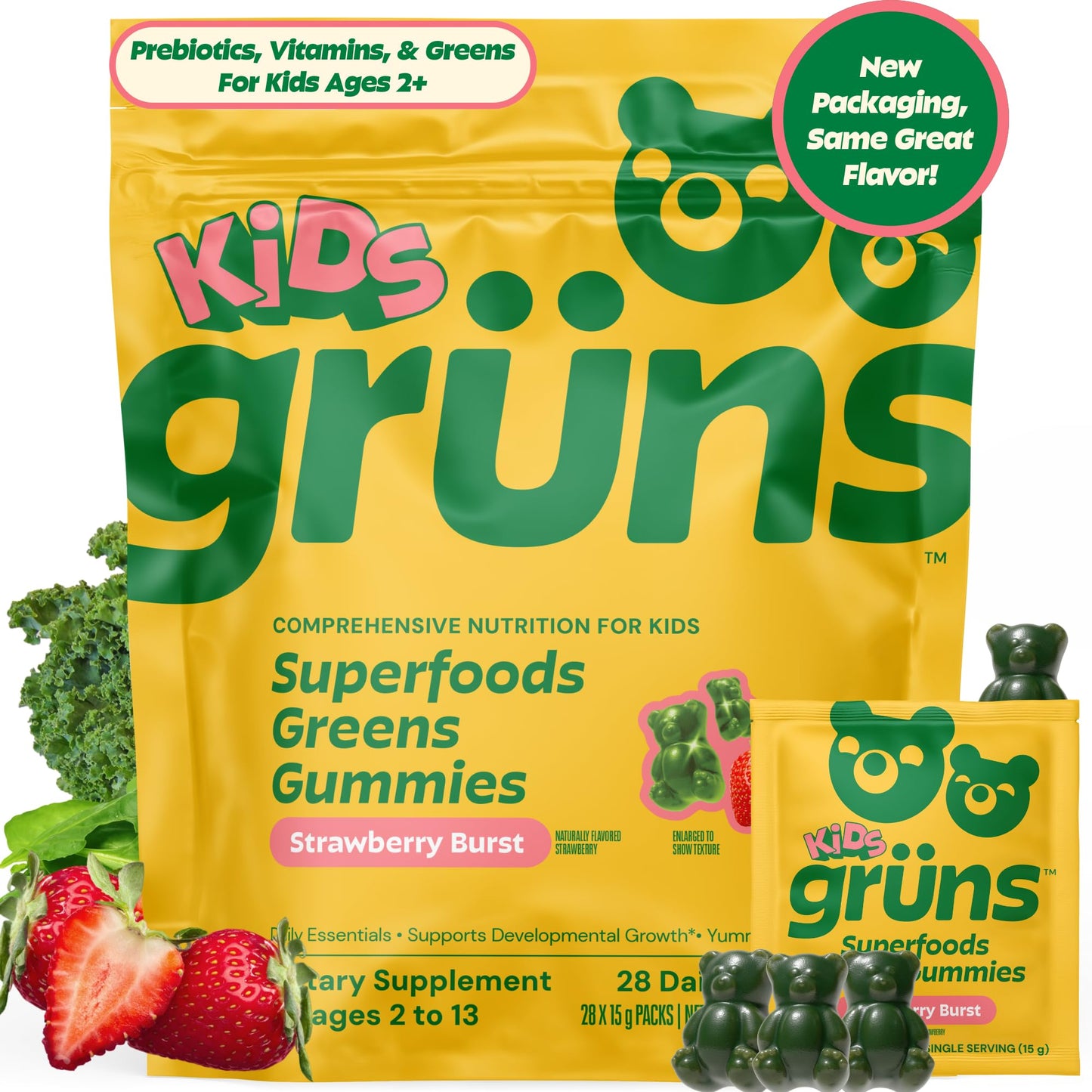 Gruns Multivitamin for Kids, Super Greens Gummies, Superfood Gummy Bears with 20+ Vitamins & Minerals, Spirulina, Chlorella, Alfalfa, Prebiotics Fiber for Digestive Health - Maple Wellness Supplements