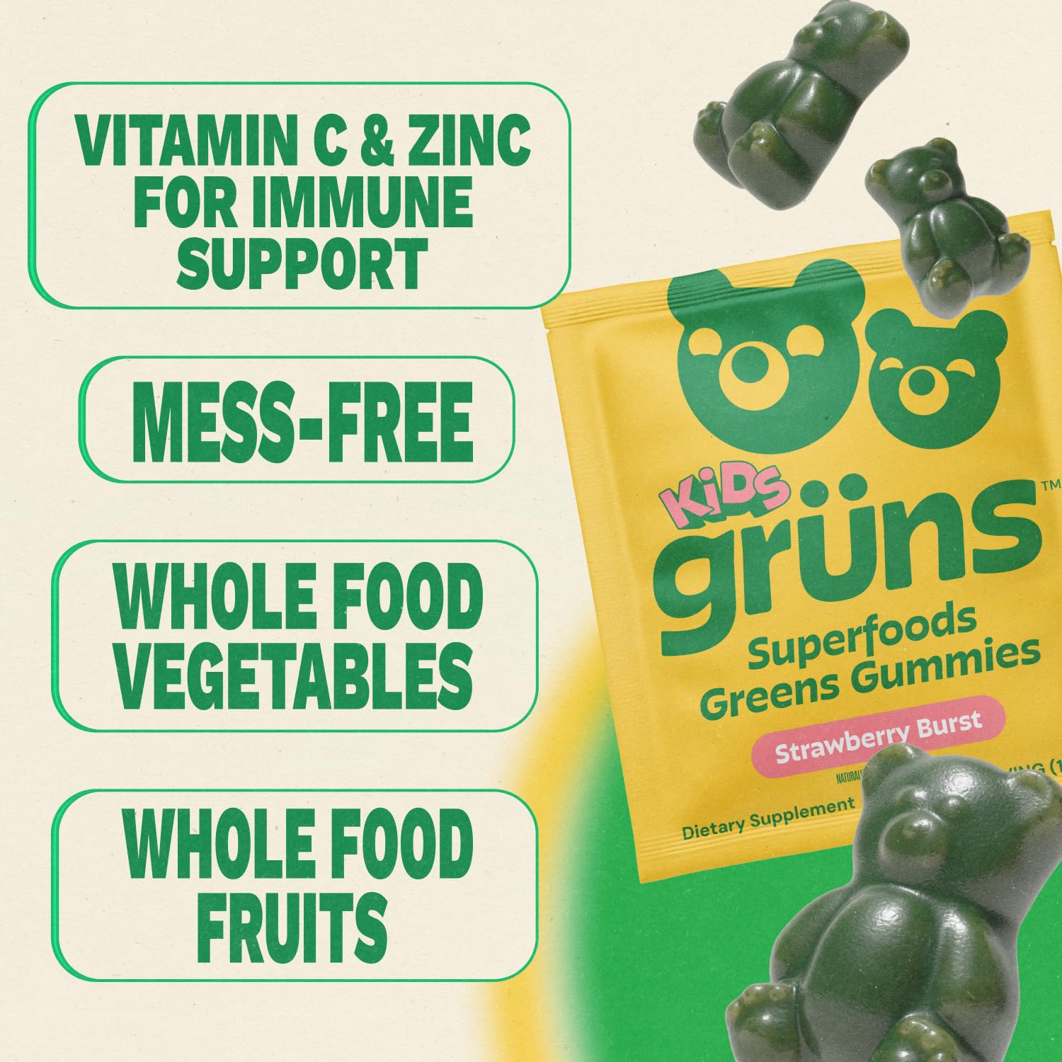 Gruns Multivitamin for Kids, Super Greens Gummies, Superfood Gummy Bears with 20+ Vitamins & Minerals, Spirulina, Chlorella, Alfalfa, Prebiotics Fiber for Digestive Health - Maple Wellness Supplements