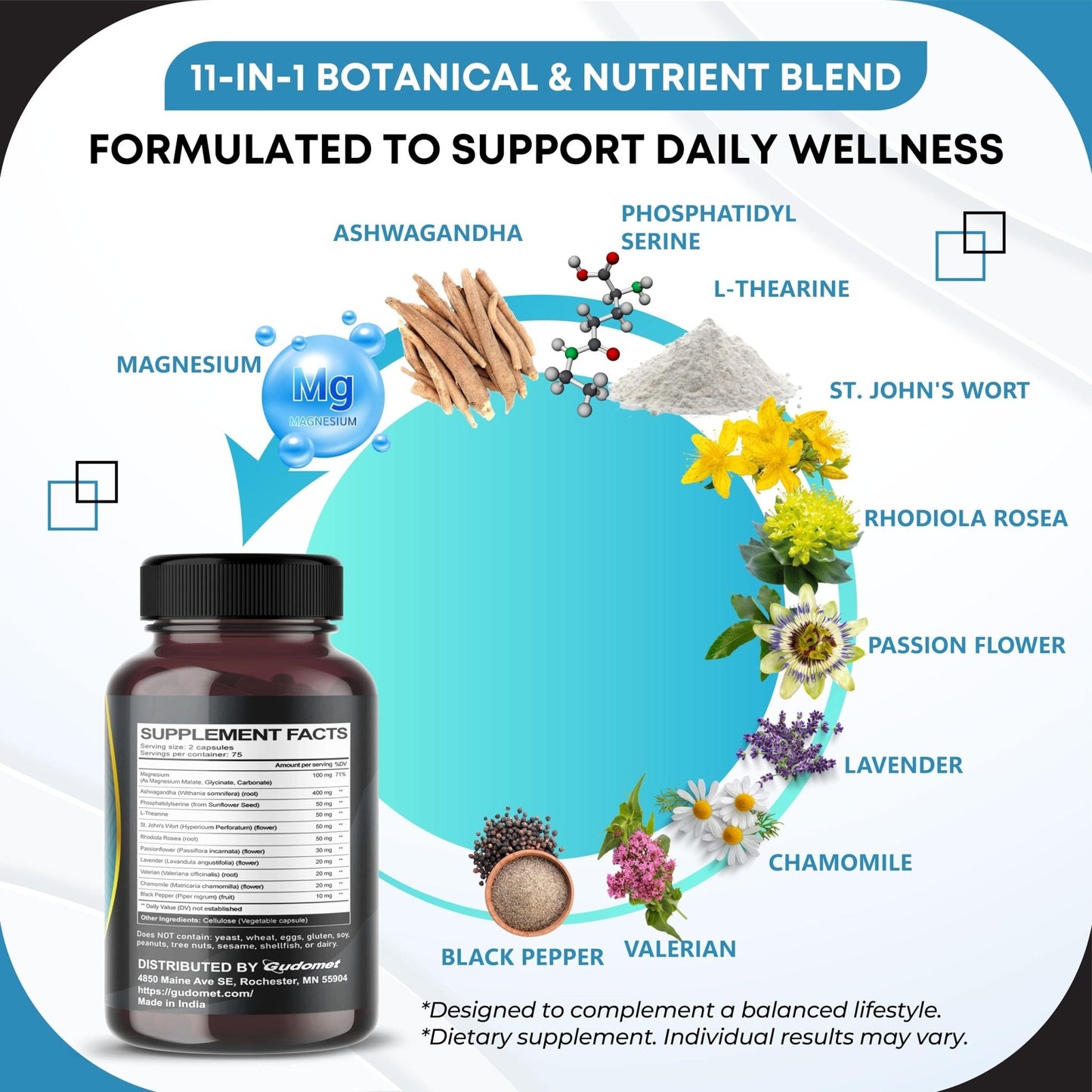 GUDOMET CORTISOL Wellness Magnesium Ashwagandha L-Theanine Phosphatidylserine Rhodiola Rosea Passionflower Lavender Chamomile -150 Capsules - Maple Wellness Supplements