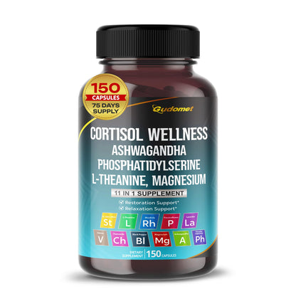 GUDOMET CORTISOL Wellness Magnesium Ashwagandha L-Theanine Phosphatidylserine Rhodiola Rosea Passionflower Lavender Chamomile -150 Capsules - Maple Wellness Supplements