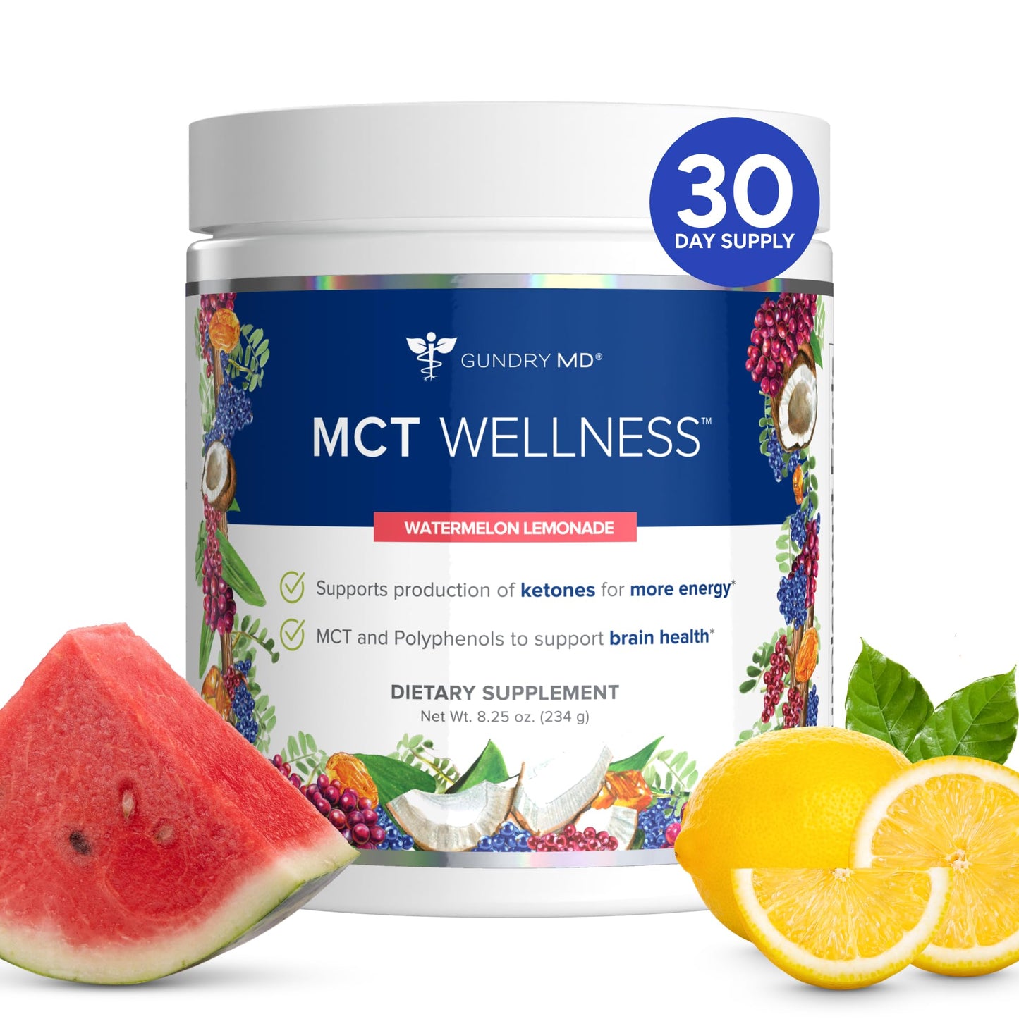 Gundry MD MCT Wellness Powder to Support Energy, Ketone Production and Brain Health, Keto Friendly, Sugar Free (30 Day Supply, Watermelon Lemonade) - Maple Wellness Supplements