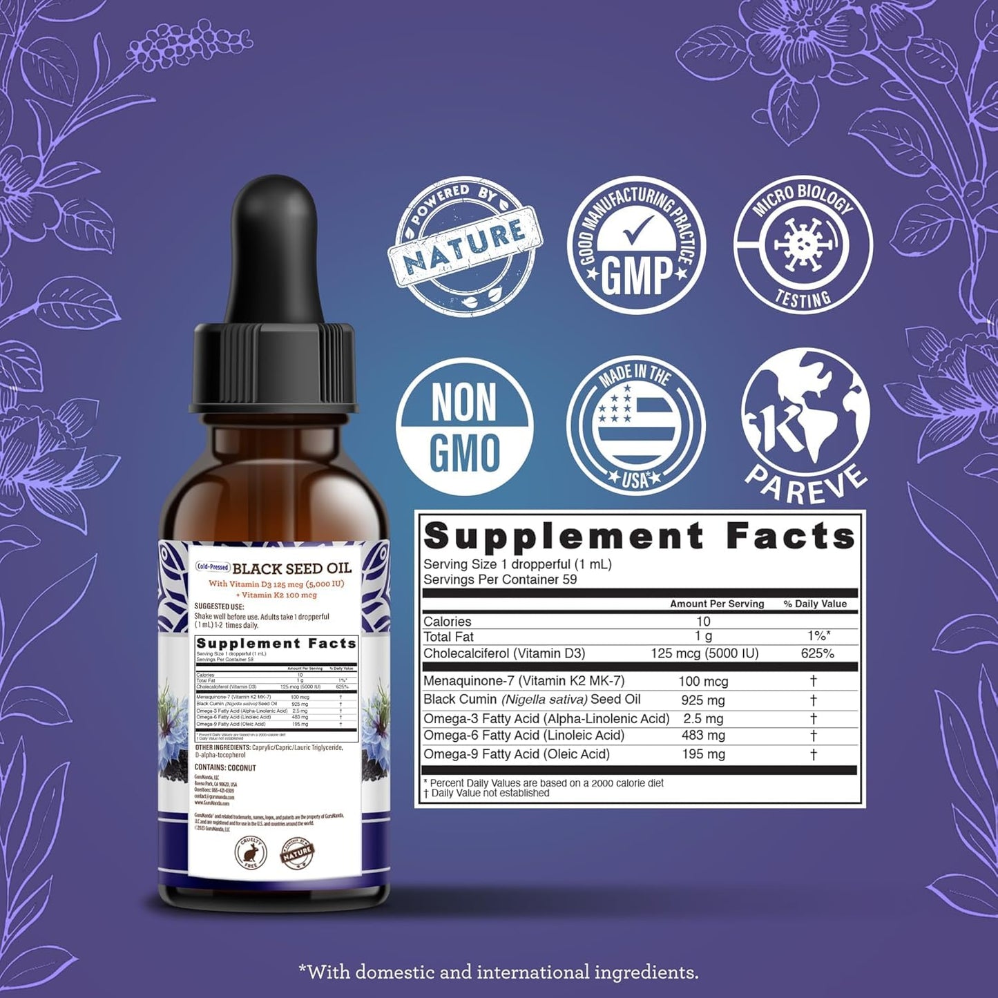 GuruNanda Black Seed Oil, Cold-Pressed Nigella Sativa - Rich in Vitamin D3 5000 Units, K2 & E, High Thymoquinone | Potent Antioxidant - Maple Wellness Supplements