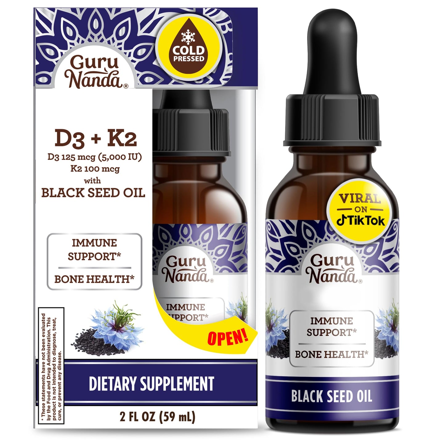 GuruNanda Black Seed Oil, Cold-Pressed Nigella Sativa - Rich in Vitamin D3 5000 Units, K2 & E, High Thymoquinone | Potent Antioxidant - Maple Wellness Supplements