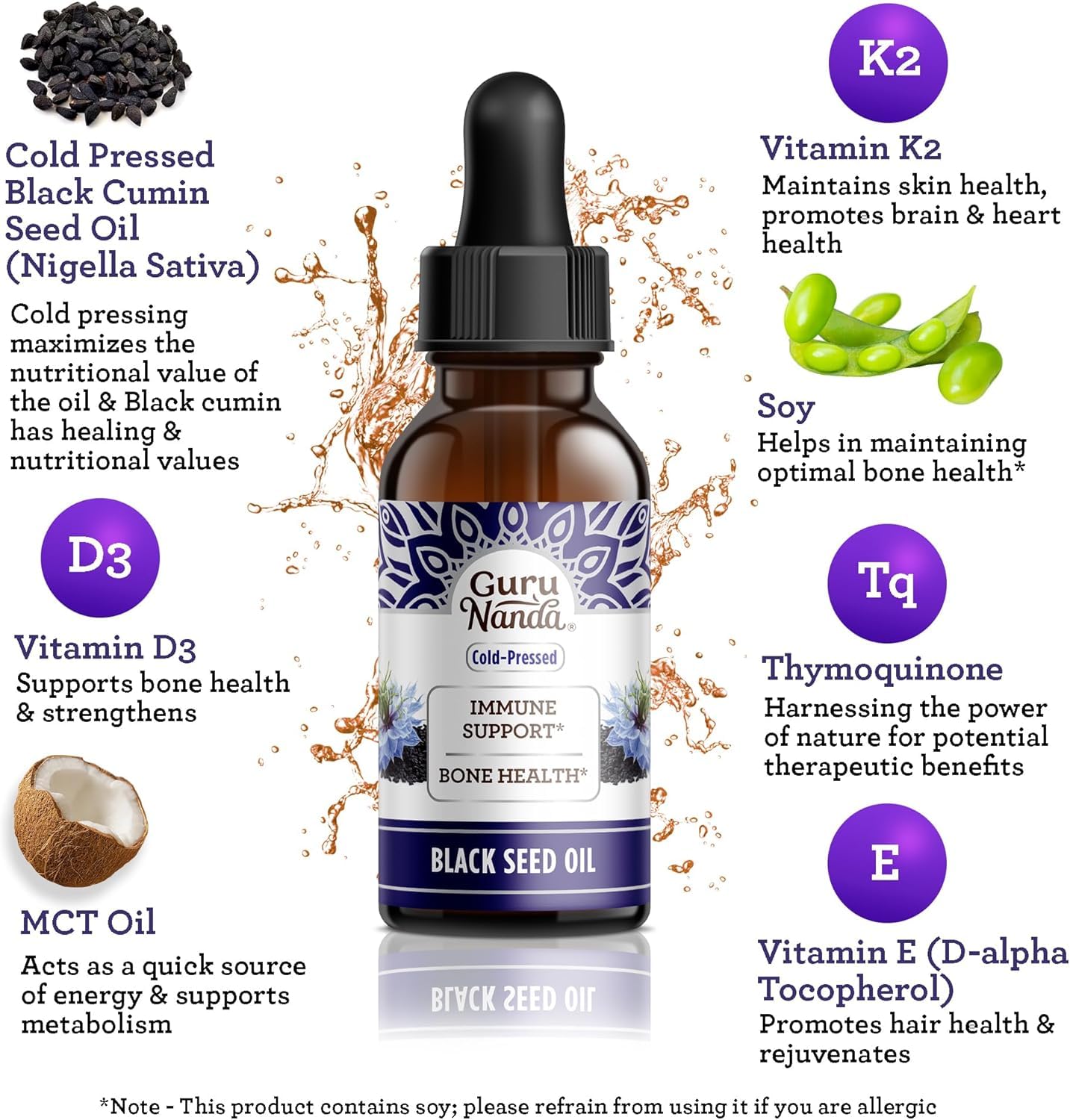GuruNanda Black Seed Oil, Cold-Pressed Nigella Sativa - Rich in Vitamin D3 5000 Units, K2 & E, High Thymoquinone | Potent Antioxidant - Maple Wellness Supplements