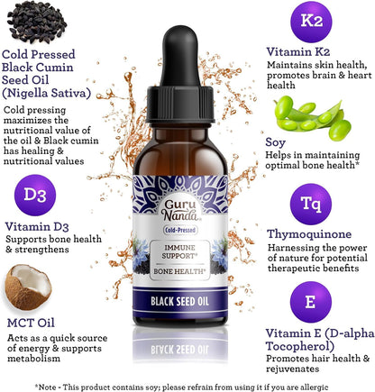 GuruNanda Black Seed Oil, Cold-Pressed Nigella Sativa - Rich in Vitamin D3 5000 Units, K2 & E, High Thymoquinone | Potent Antioxidant - Maple Wellness Supplements
