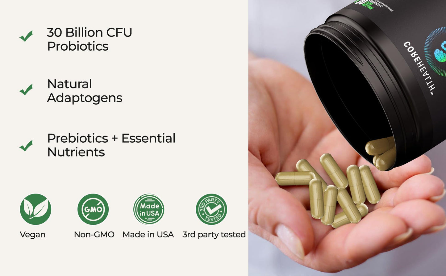 Gut-Brain Synergy Probiotic & Nootropic – 30Billion CFU Psychobiotic + Prebiotic with Ashwagandha, L-Theanine & Zinc for Gut Health, Mood Support, Stress Relief, Bloating Relief & Brain Focus & Memory - Maple Wellness Supplements