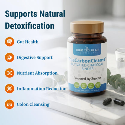 Gut Detox & Liver Cleanse - Organic Activated Charcoal Capsules with Clinoptilolite Zeolite Binder - TrueCarbonCleanse™ Carbon Supplement - 60 Bamboo Charcoal Pills - Maple Wellness Supplements
