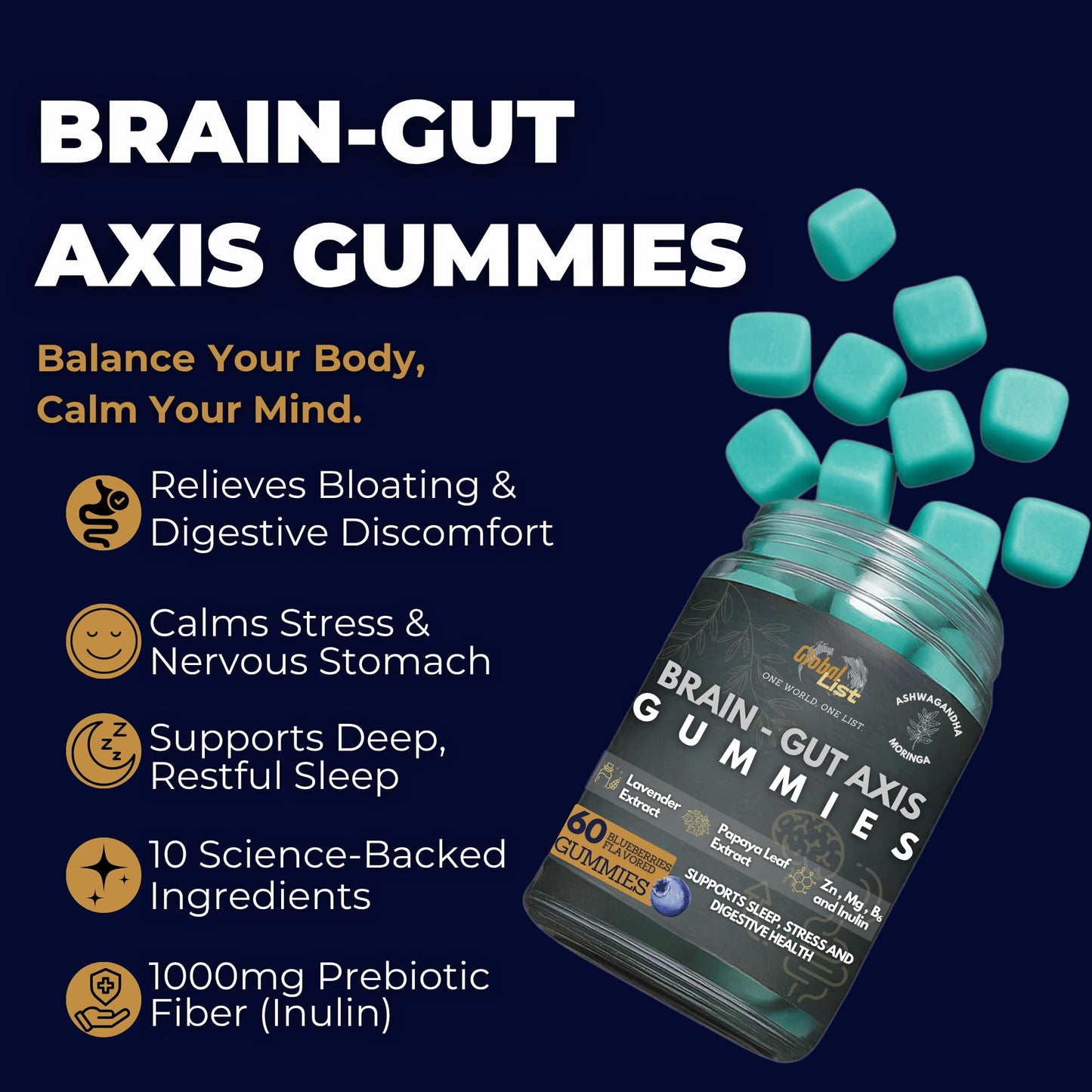 Gut Health & Bloating Relief Gummies – Digestion Support with Prebiotic Fiber, Inulin & Ashwagandha – Stress, Nervous Stomach, Sleep & Calm Support – Gut-Brain Axis Formula - Maple Wellness Supplements