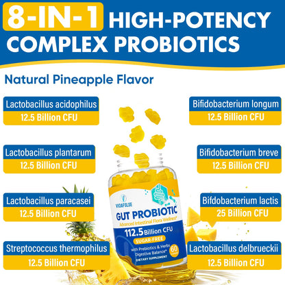 Gut Health & Probiotic Gummies, 112.5 Billion CFU, Sugar Free - 8 Strains + Prebiotics + Herbs - for Digestive, Immune, Diarrhea & Bloating - Gut Health for Women & Men - Maple Wellness Supplements