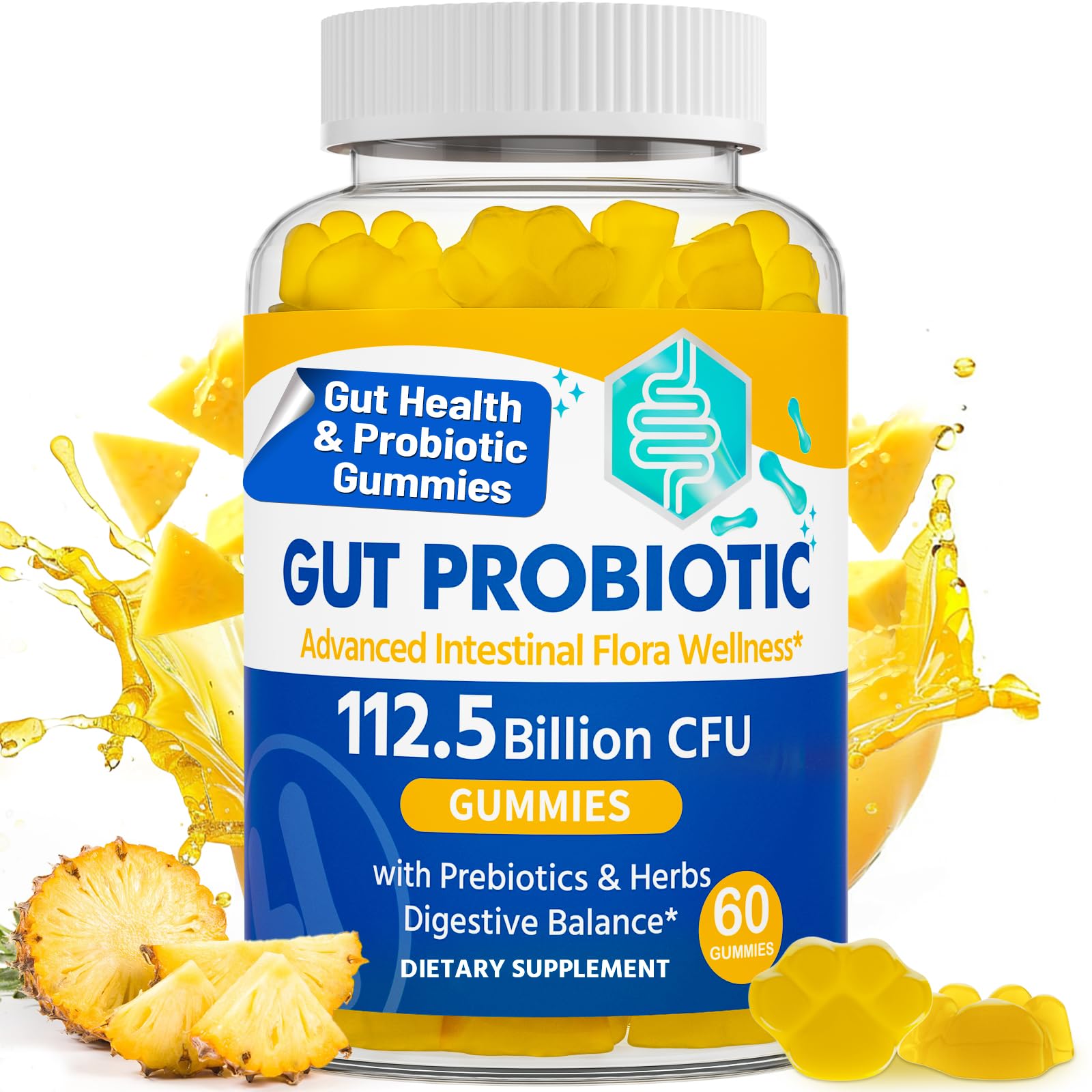 Gut Health & Probiotic Gummies, 112.5 Billion CFU, Sugar Free - 8 Strains + Prebiotics + Herbs - for Digestive, Immune, Diarrhea & Bloating - Gut Health for Women & Men - Maple Wellness Supplements