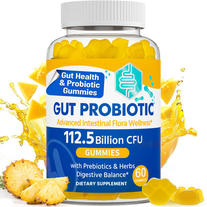 Gut Health & Probiotic Gummies, 112.5 Billion CFU, Sugar Free - 8 Strains + Prebiotics + Herbs - for Digestive, Immune, Diarrhea & Bloating - Gut Health for Women & Men - Maple Wellness Supplements