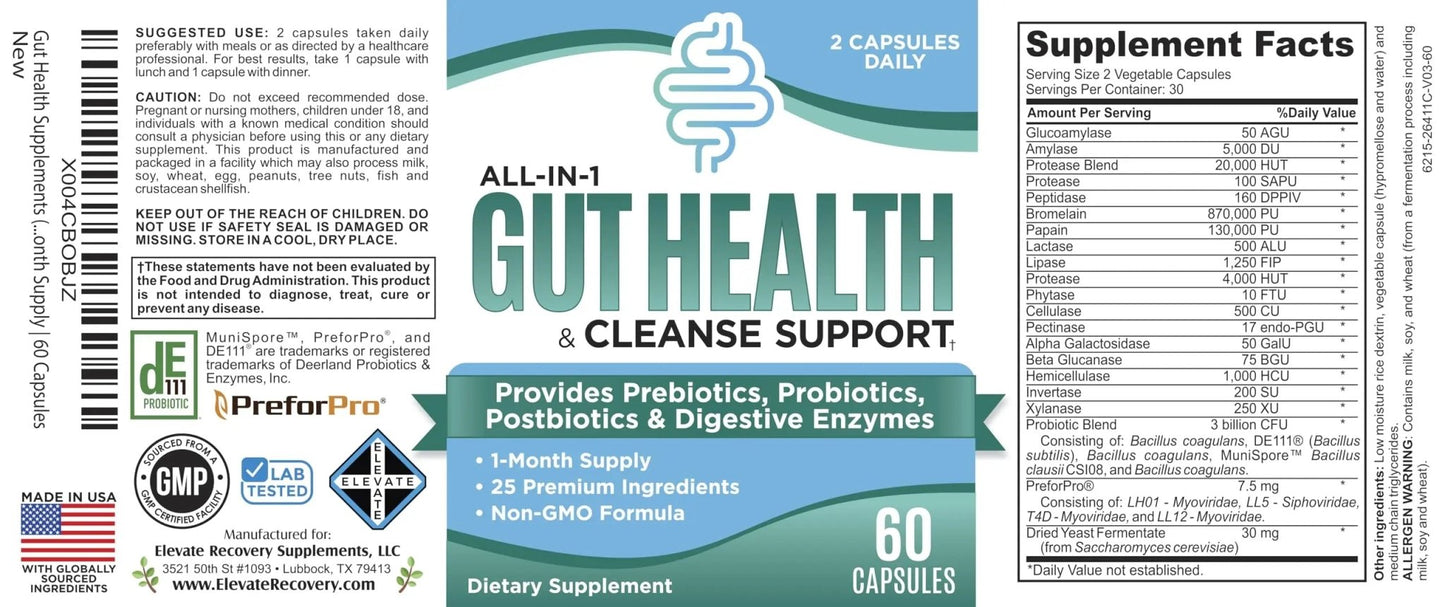 Gut Health Support Supplement (25-in-1) with Prebiotics, Probiotics, Postbiotics & Digestive Enzymes | Gut Supplements | 60 Capsules - Maple Wellness Supplements