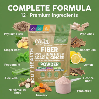 GutResto Fiber Supplement Psyllium Husk Powder Probiotic Gut Health Digestive Enzymes Prebiotic L-Glutamine Slippery Elm Aloe Vera Marshmallow Root Turmeric Ginger - Maple Wellness Supplements